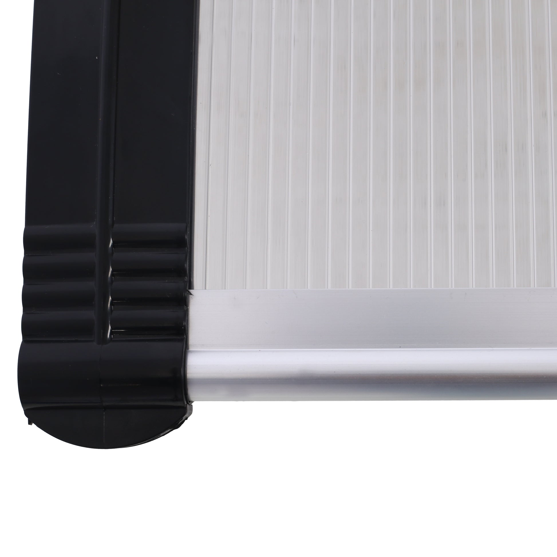 Closeup of a black plastic trim with ribbed detailing on a white ribbed panel