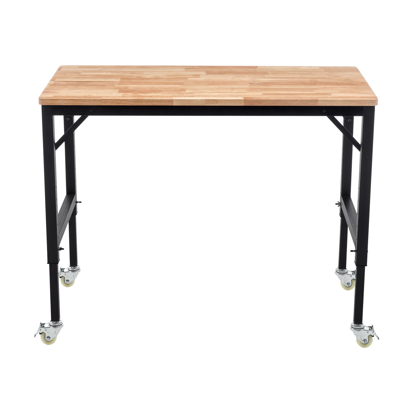 Workbench with natural wood top black metal frame and four locking caster wheels