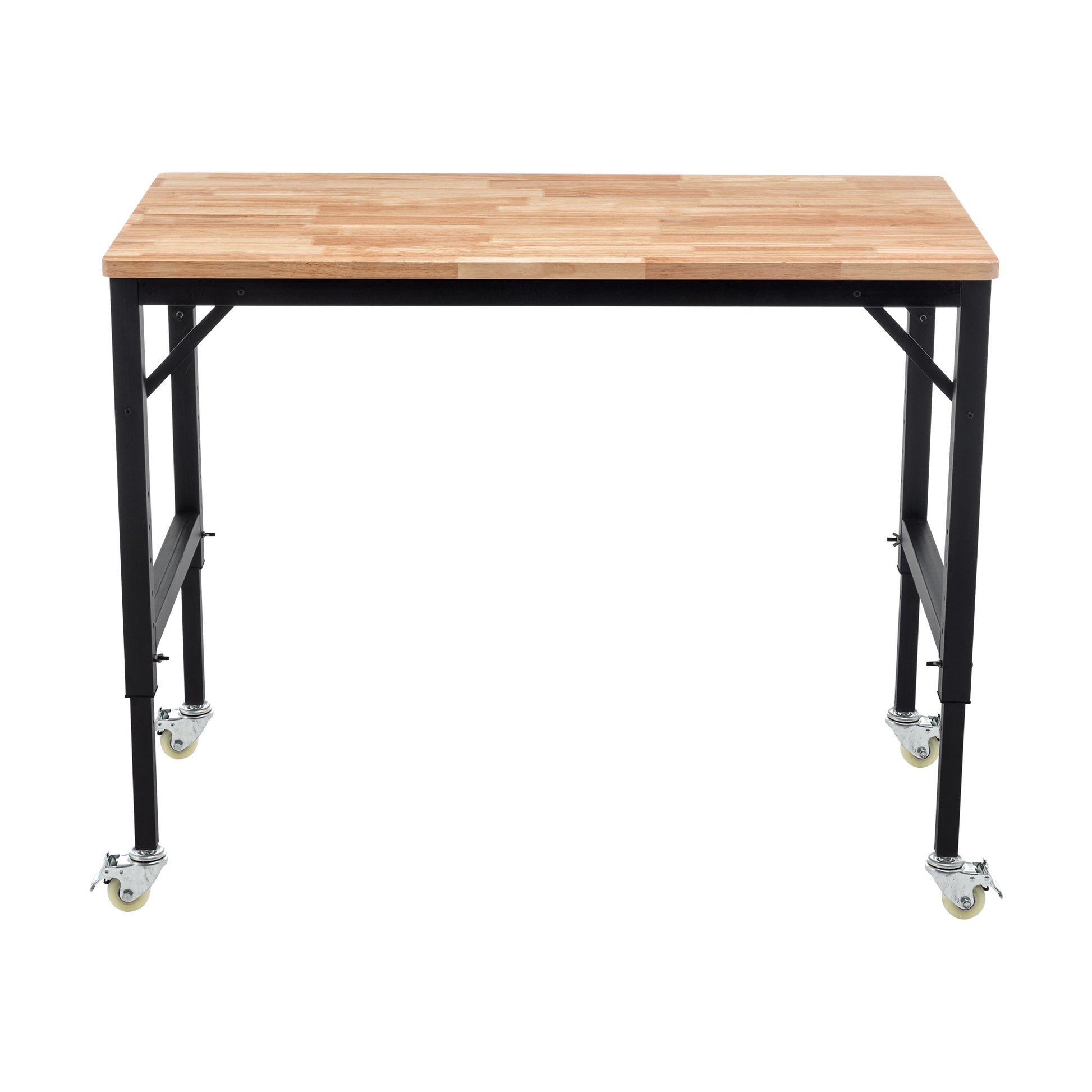 Workbench with natural wood top black metal frame and four locking caster wheels