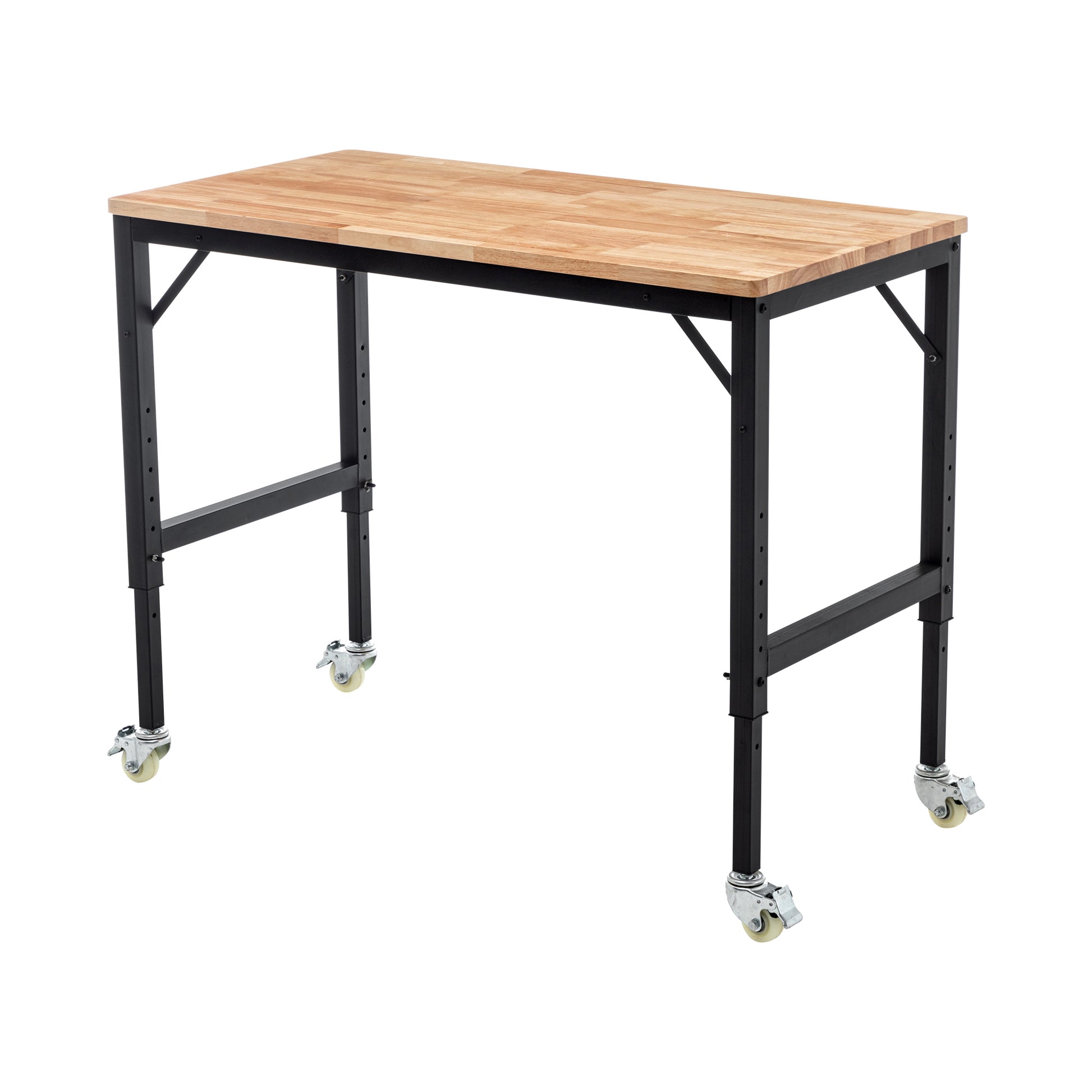 Adjustable height workbench with a butcher block top and locking casters for mobility