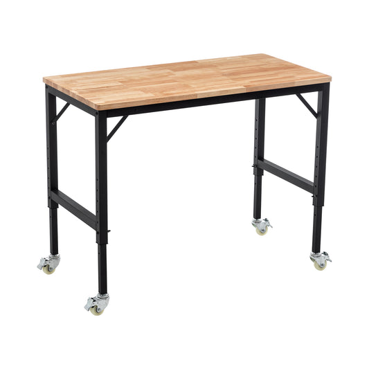 Adjustable workbench with butcher block top and locking casters for mobility