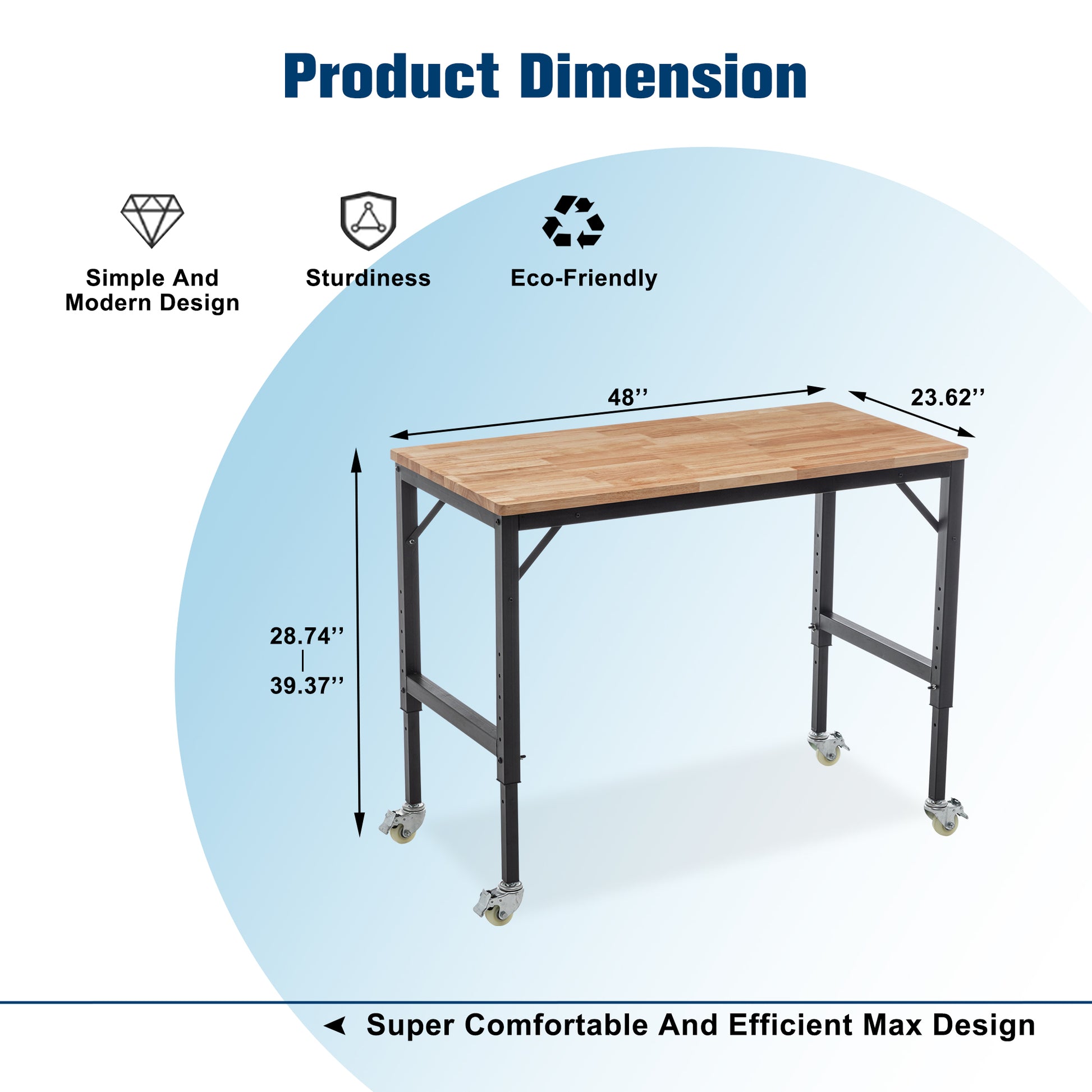 inch wide workbench with a solid wood top and adjustable height steel frame on casters