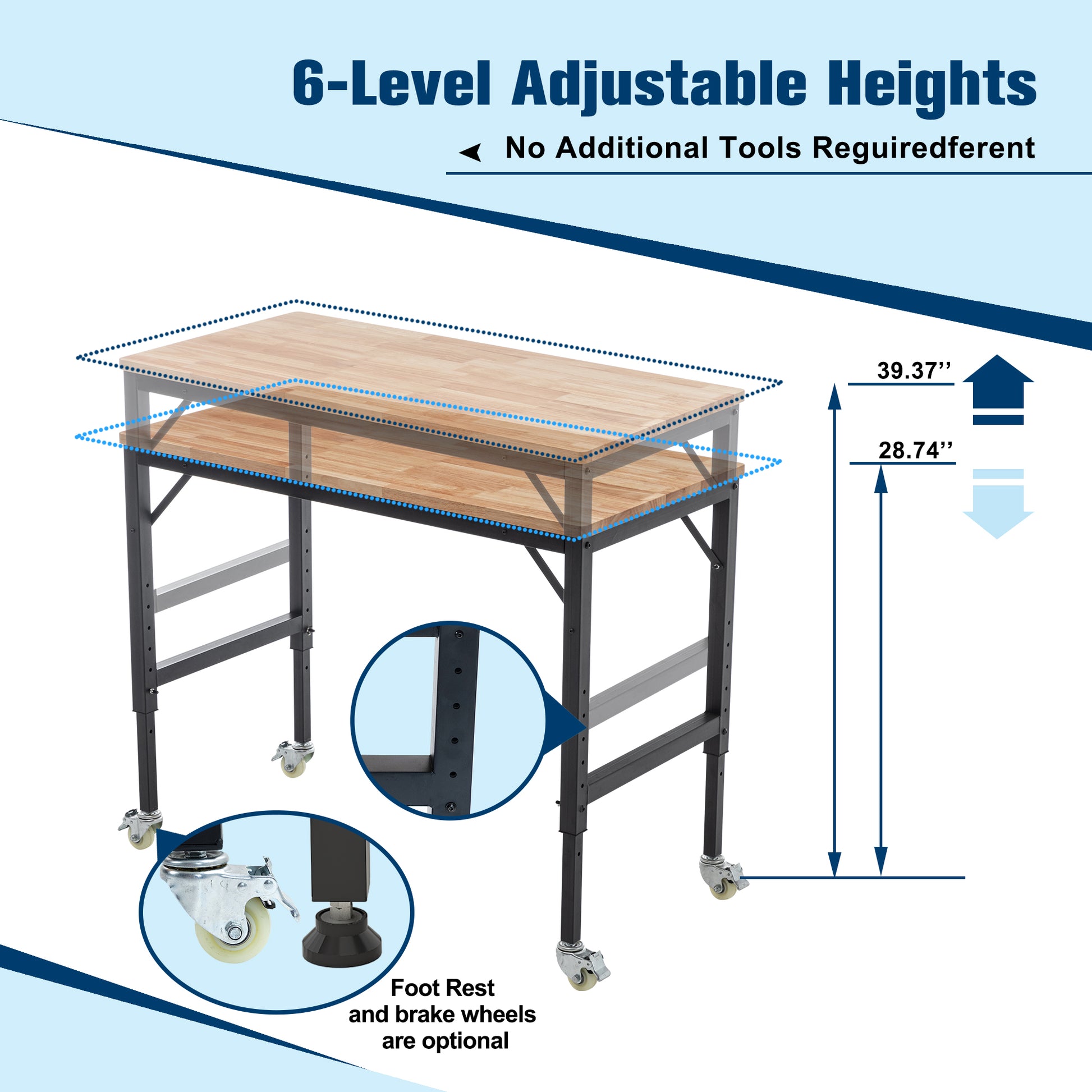 Adjustable height desk with butcher block top and black metal frame  levels
