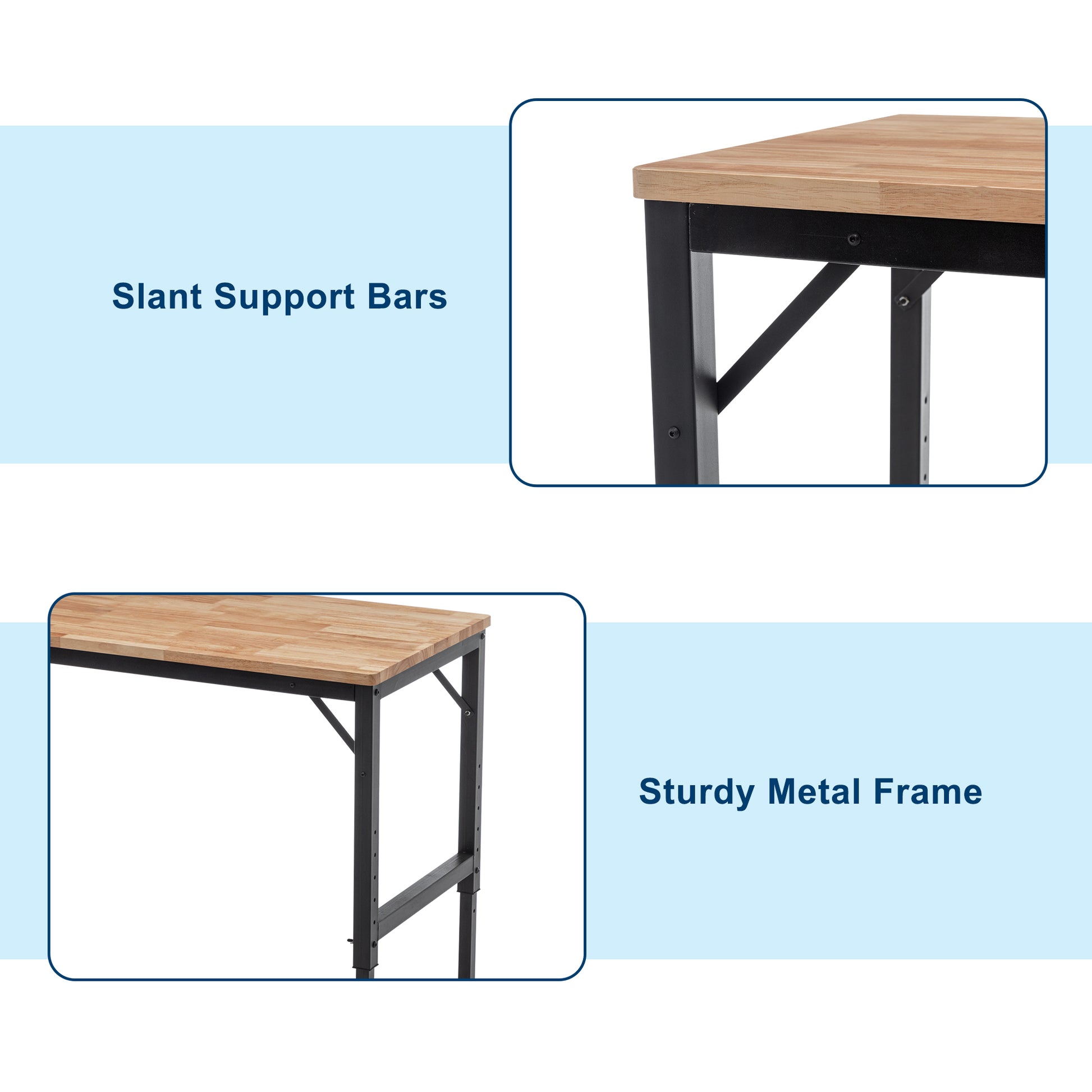 Workbench with slant support bars and butcher block top ideal for workshop use