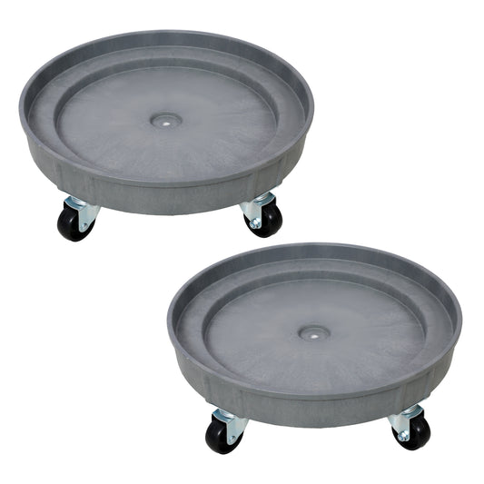 Gray plastic plant caddy with three swivel casters designed for moving potted plants