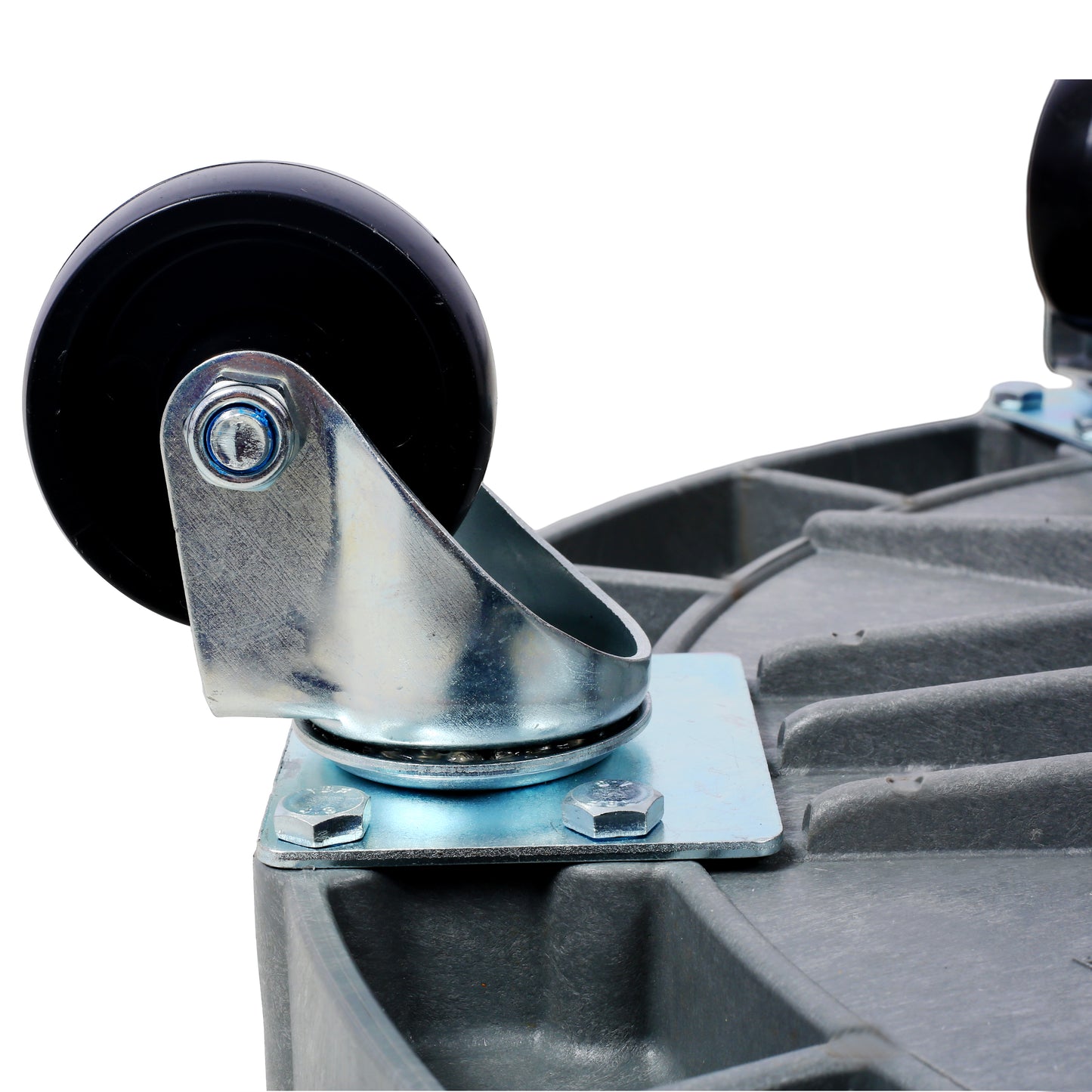 Closeup of a black swivel caster wheel with a metal bracket attached to a grey plastic mechanic creeper