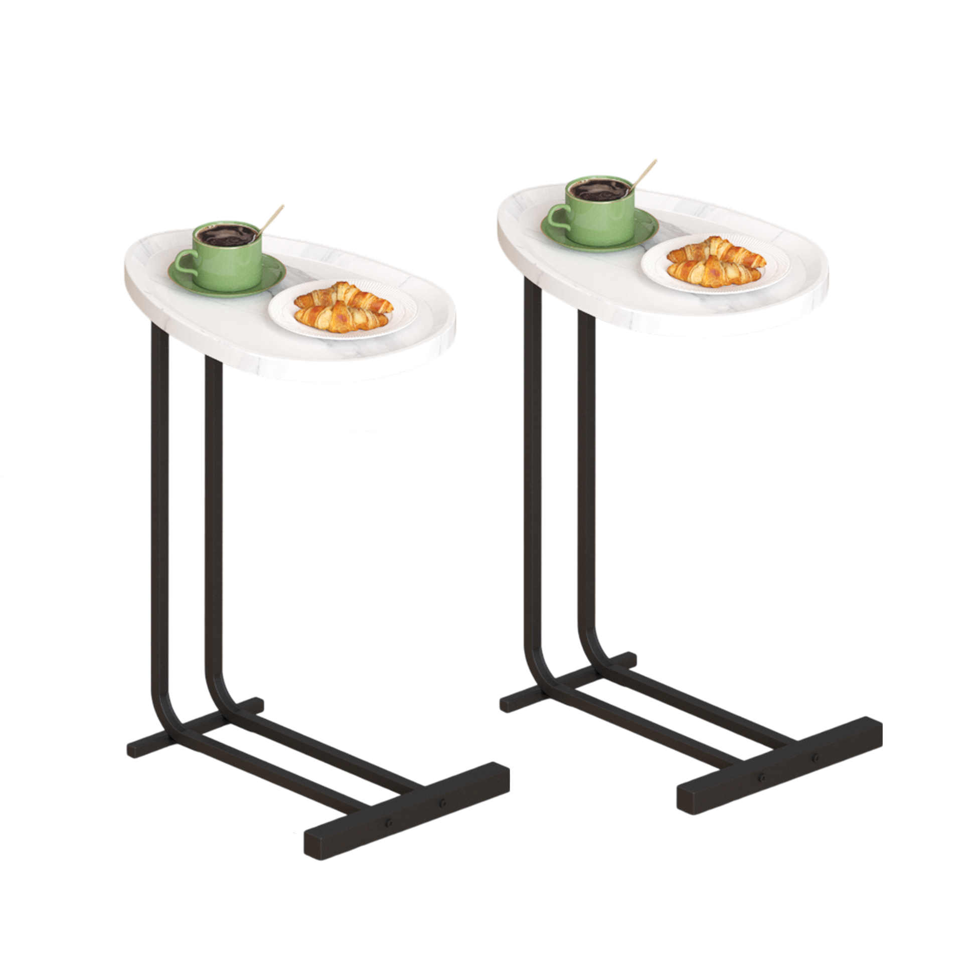 Cshaped side table in white marble with black metal legs holding coffee and croissants