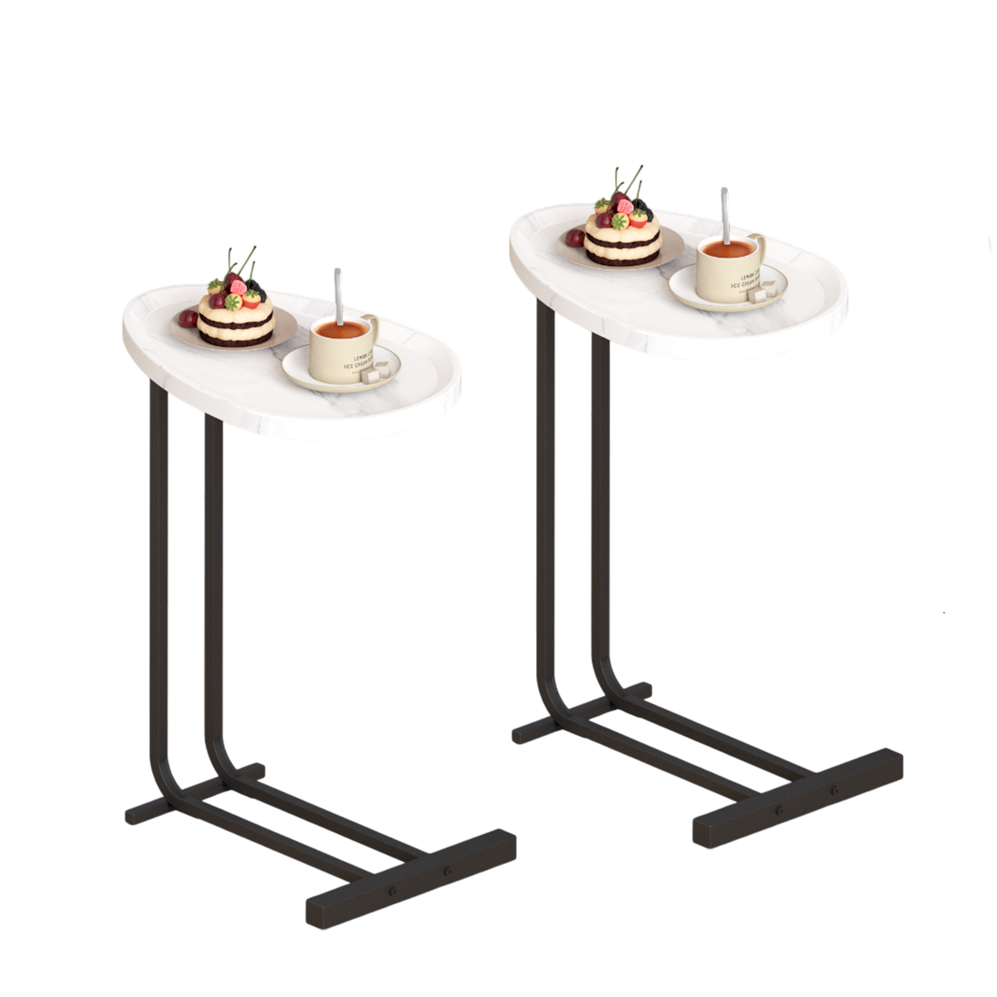Two white Cshaped side tables with marble tops each holding a small cake and a cup of tea