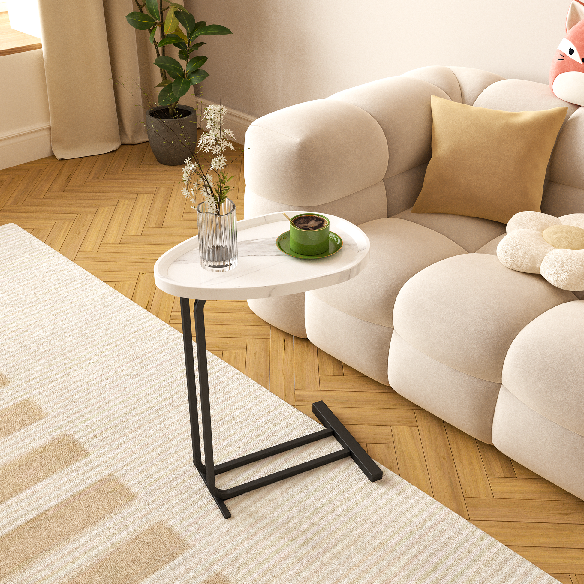 White marble ctable with black metal legs ideal for laptop use next to sofa