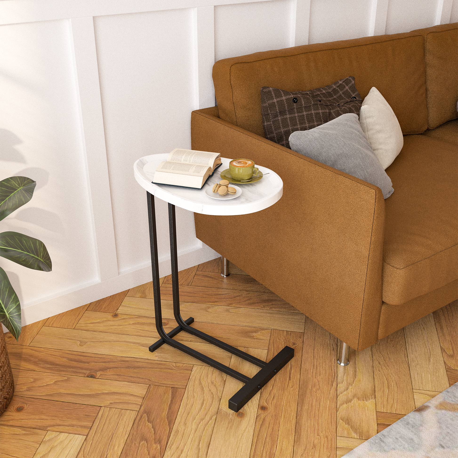 Oval white marble top ctable with black metal base perfect for living room snacks