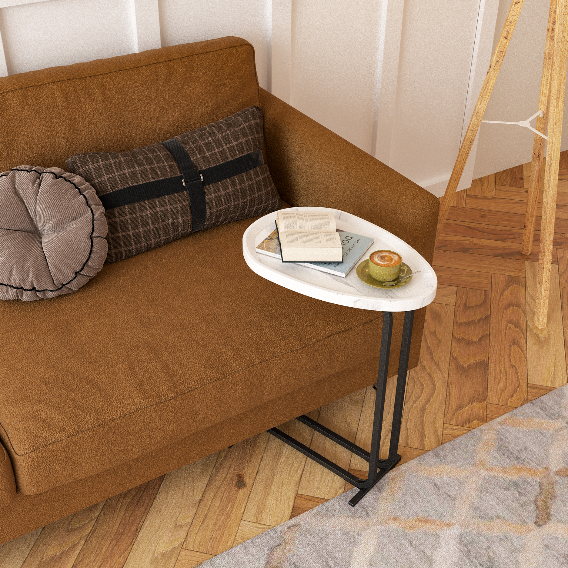 White marble effect tray table with books and coffee perfect for living room