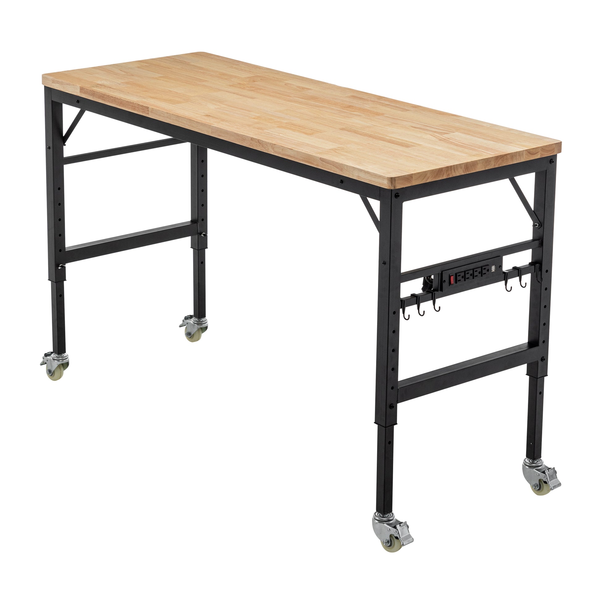 Adjustable height workbench with butcher block top black metal frame and casters