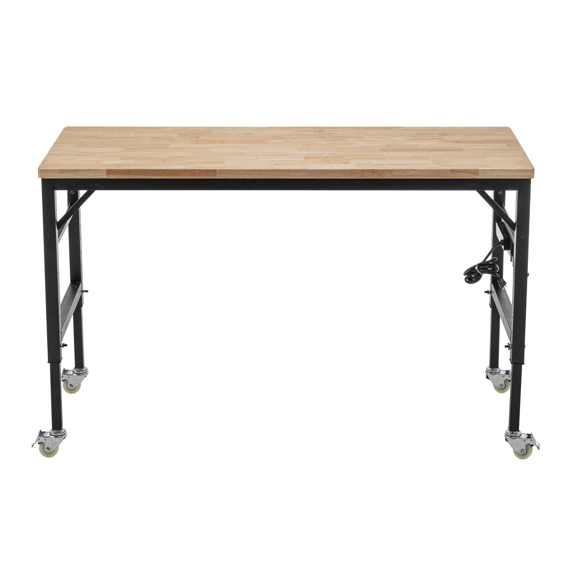 Wooden workbench with black metal frame and casters for mobility
