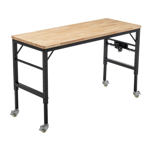 Adjustable height workbench with butcher block top and locking casters
