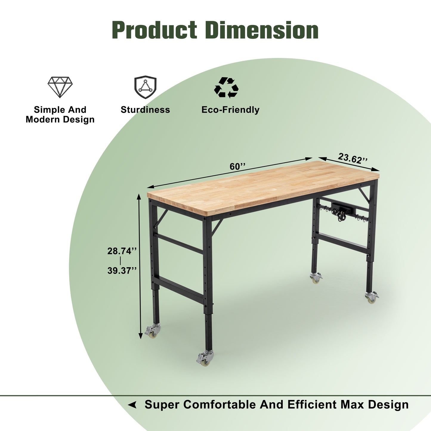 Workbench with durable butcher block top and adjustable black metal legs on wheels