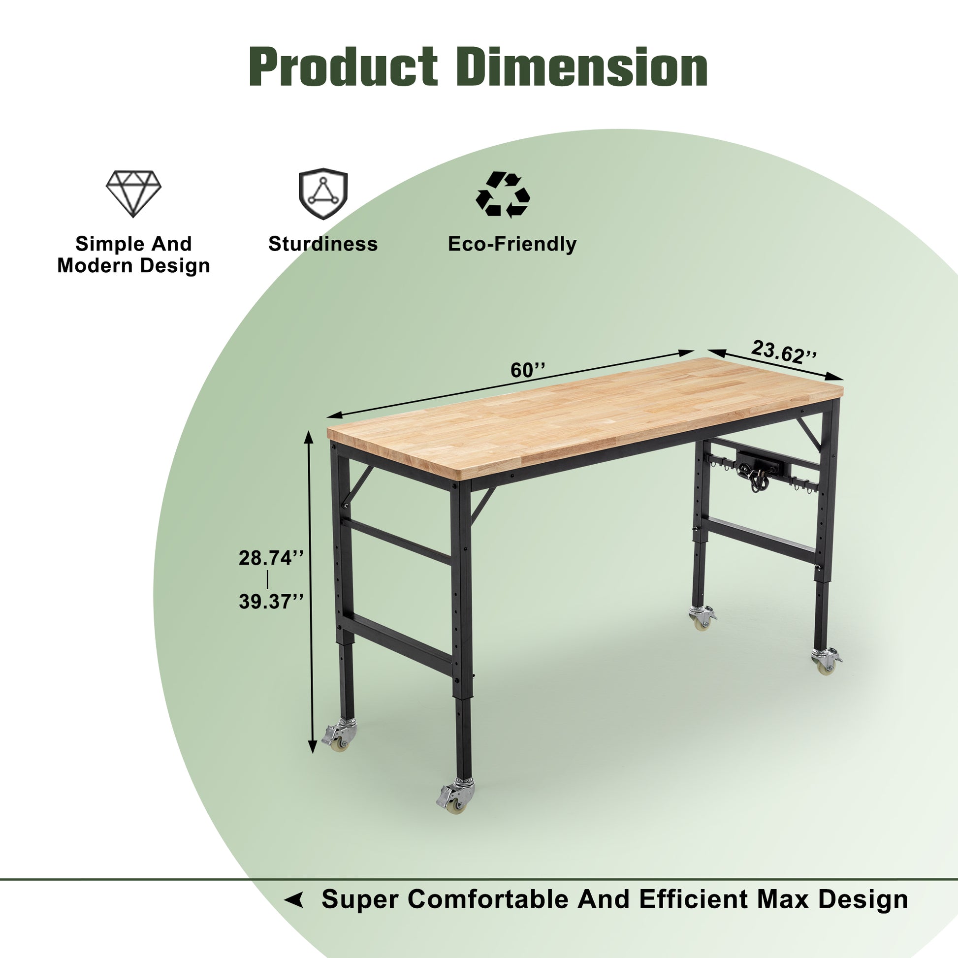 Workbench with durable butcher block top and adjustable black metal legs on wheels