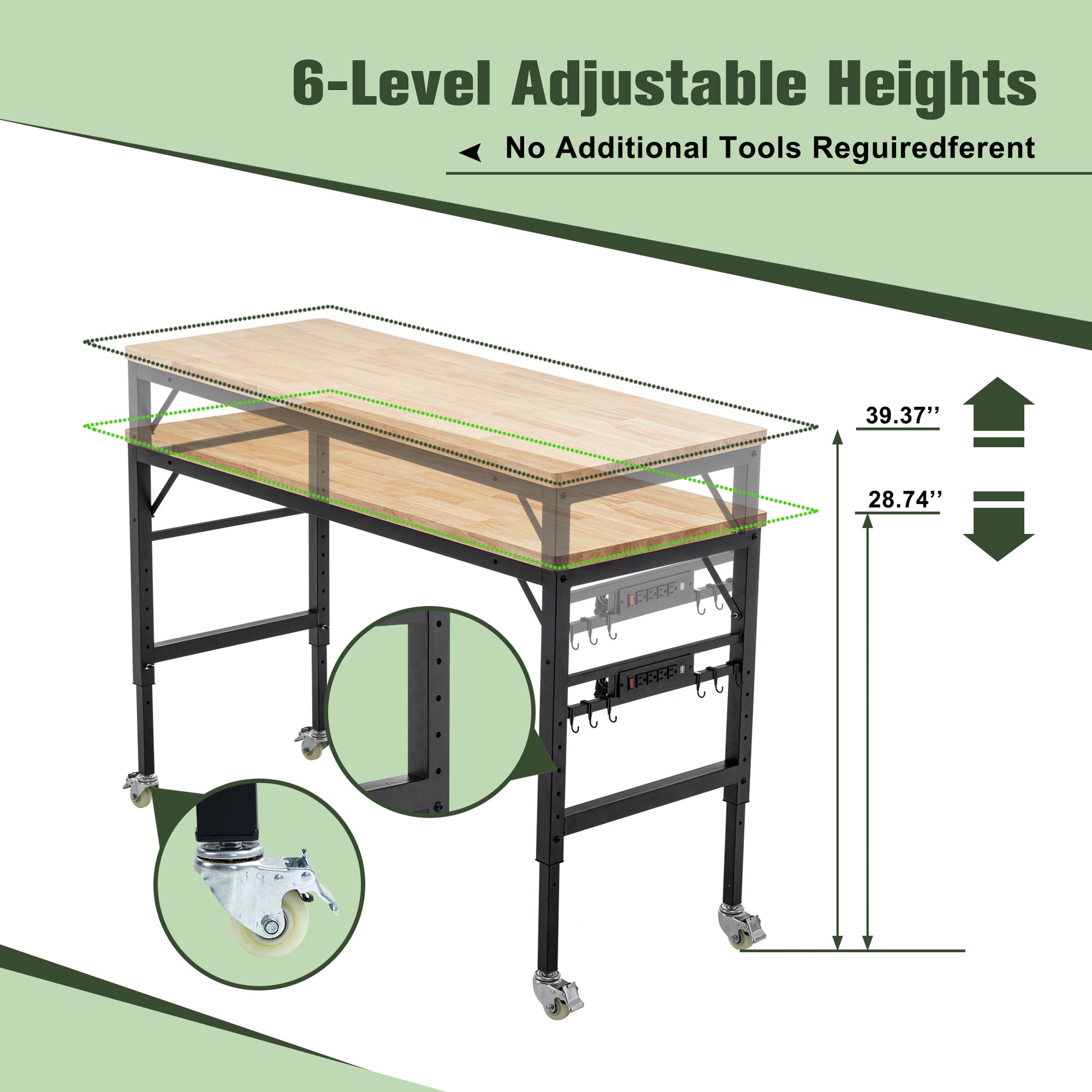 Adjustable height workbench with butcher block top dual shelves and locking casters for mobile workspaces