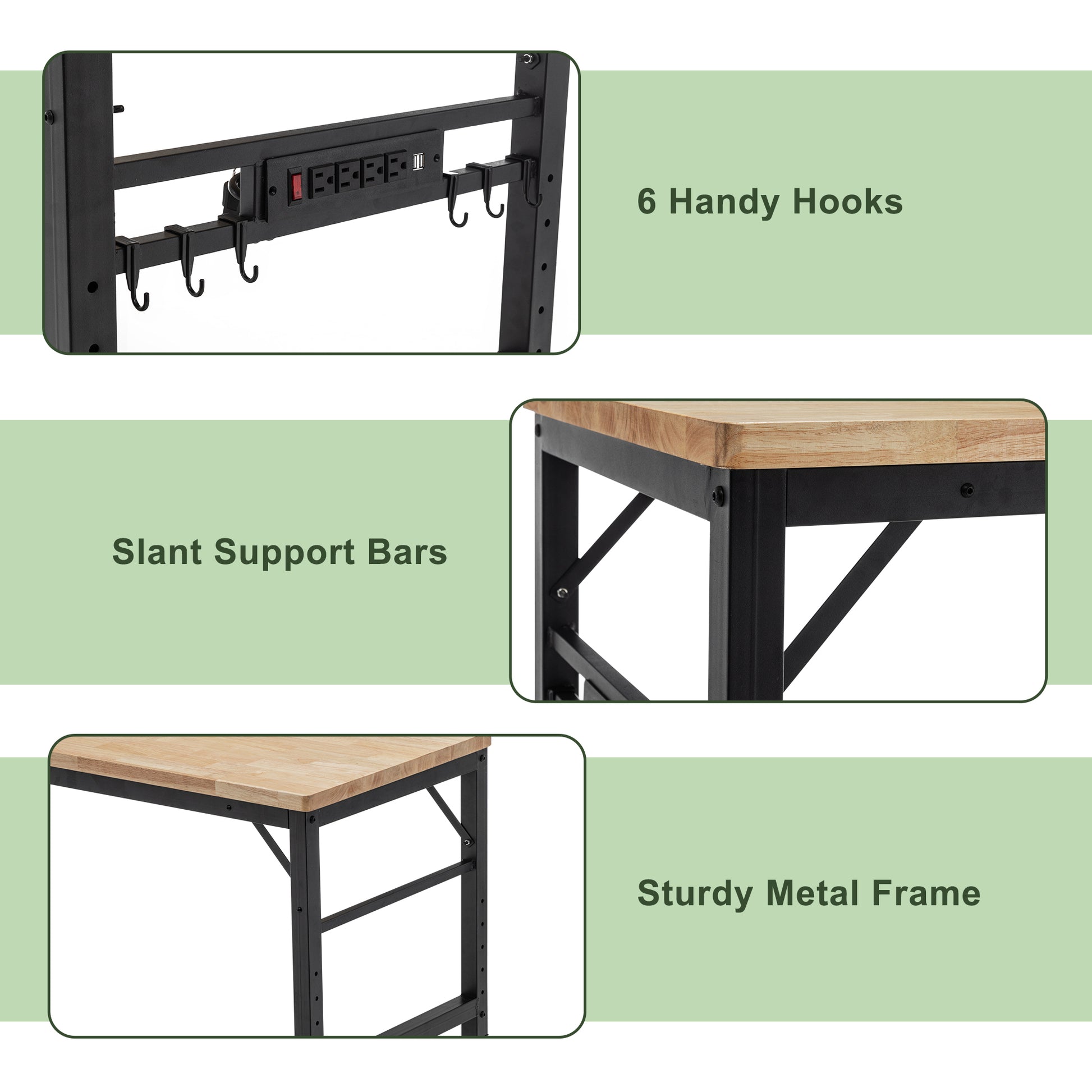 Black workbench power strip with six handy hooks for tools