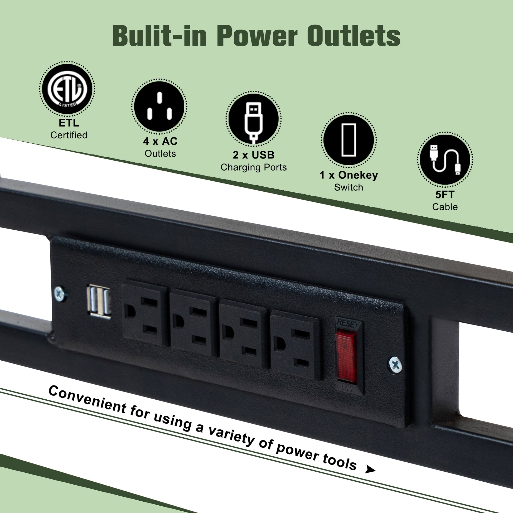 Black power strip with  AC outlets  USB ports and red reset switch