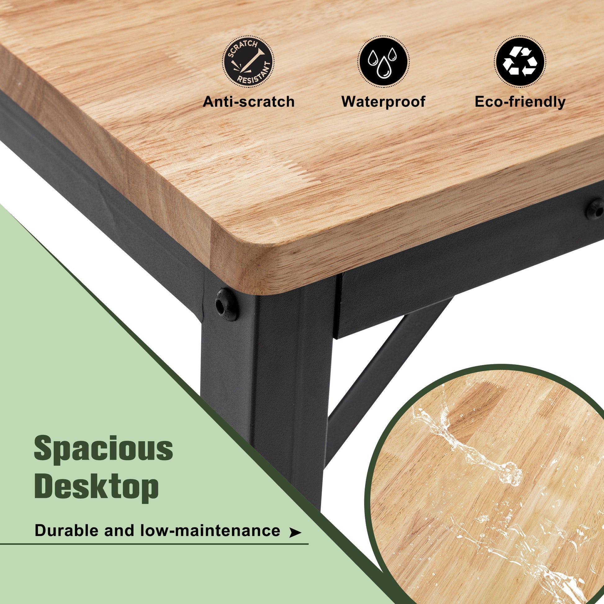 Light wood desktop with black metal frame featuring antiscratch waterproof ecofriendly icons