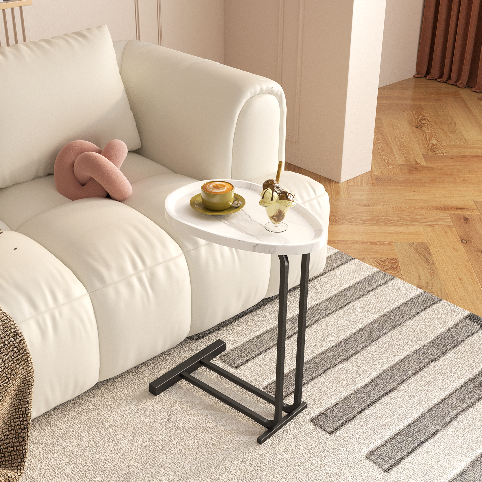 Marble top Ctable with black metal legs perfect for bedside snacks