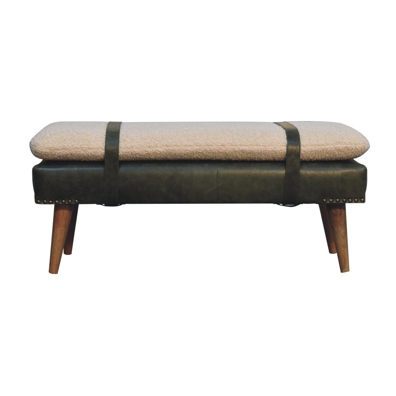 Deep green leather bench with boucle cushion and wooden legs