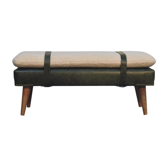 Deep green leather bench with boucle cushion and wooden legs