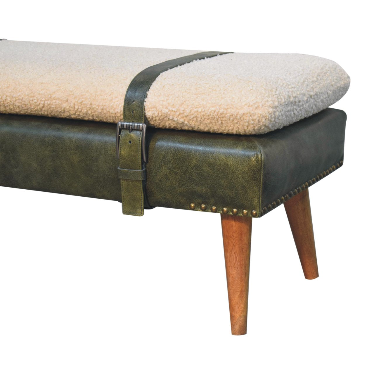 Sherpa upholstered bench with green leather base and decorative strap
