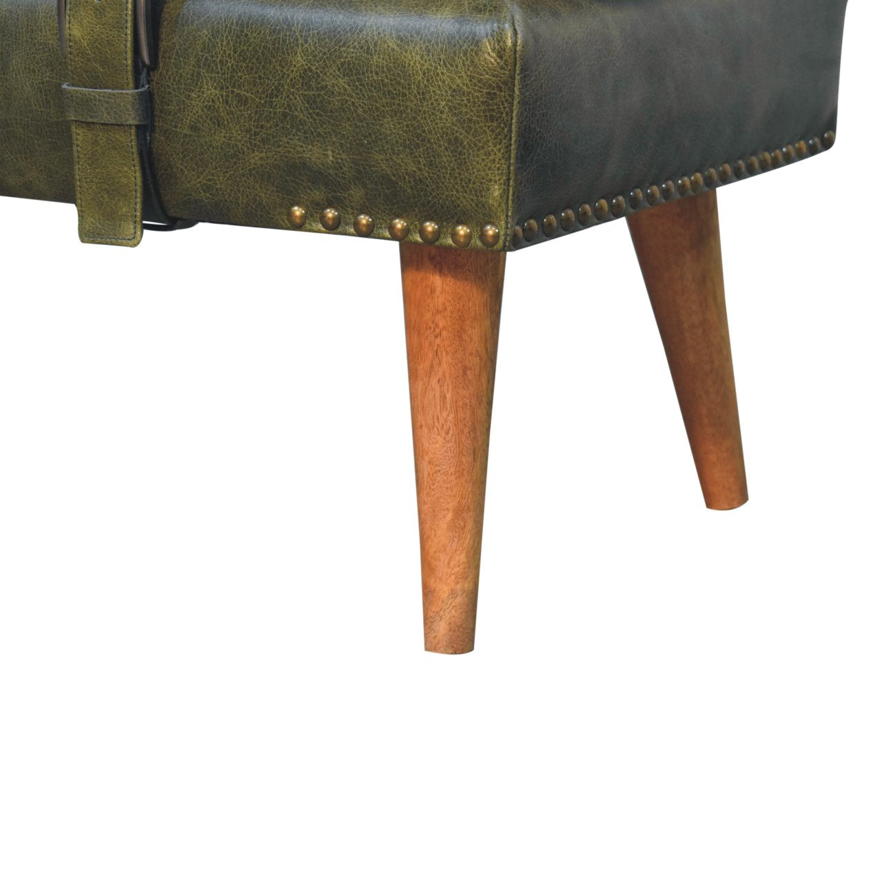 Green faux leather ottoman with brass studding and tapered wooden legs
