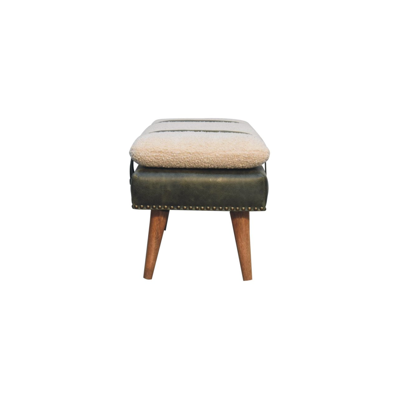 Dark green leather ottoman with cream sherpa seat and brass tack trim