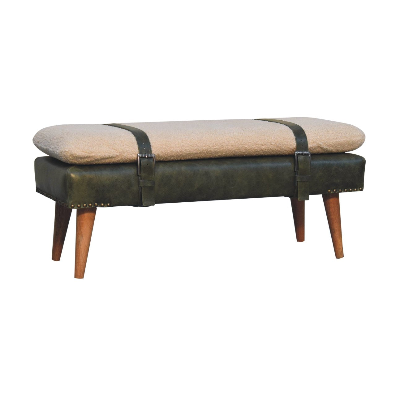 Dark green leather bench with sherpa top and buckle straps
