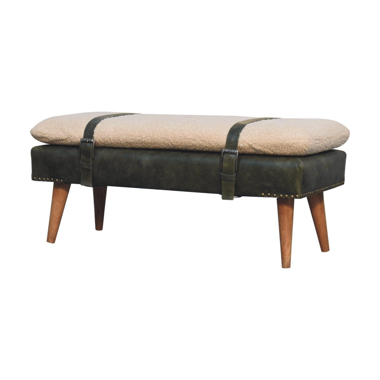 Vintage green leather bench with cream boucle seat and buckle accents