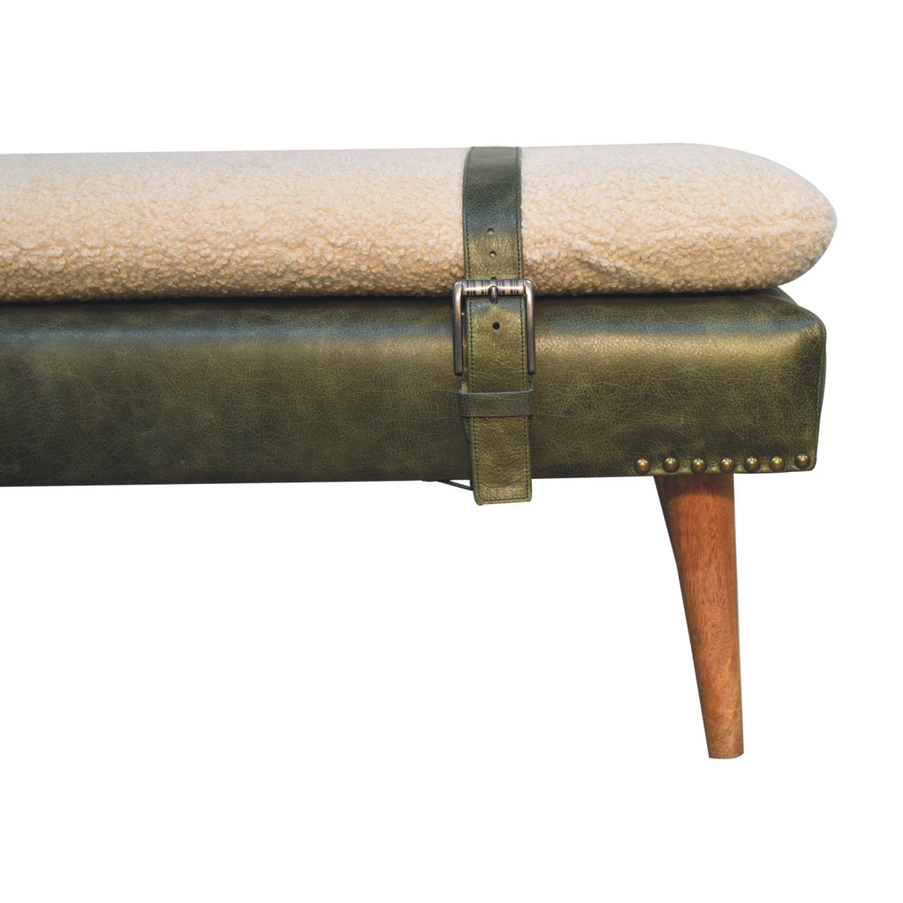 Green leather bench with boucle cushion and buckle strap