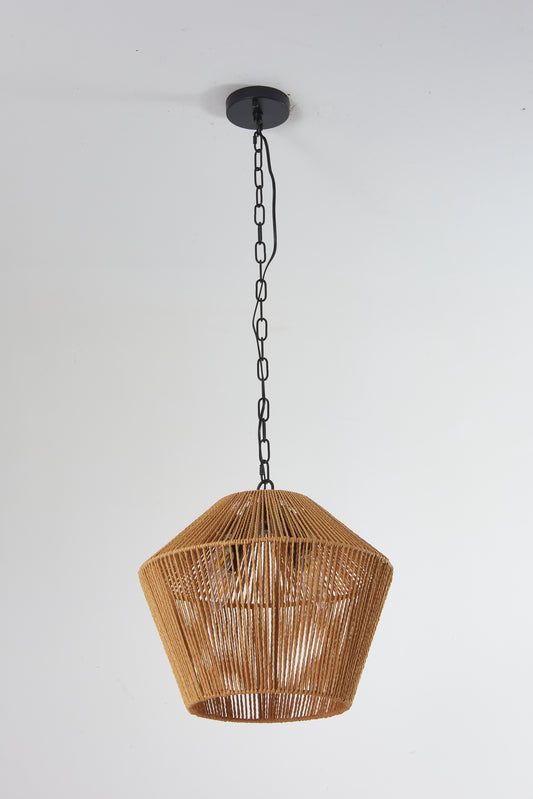 Natural jute rope pendant light with black chain and ceiling mount