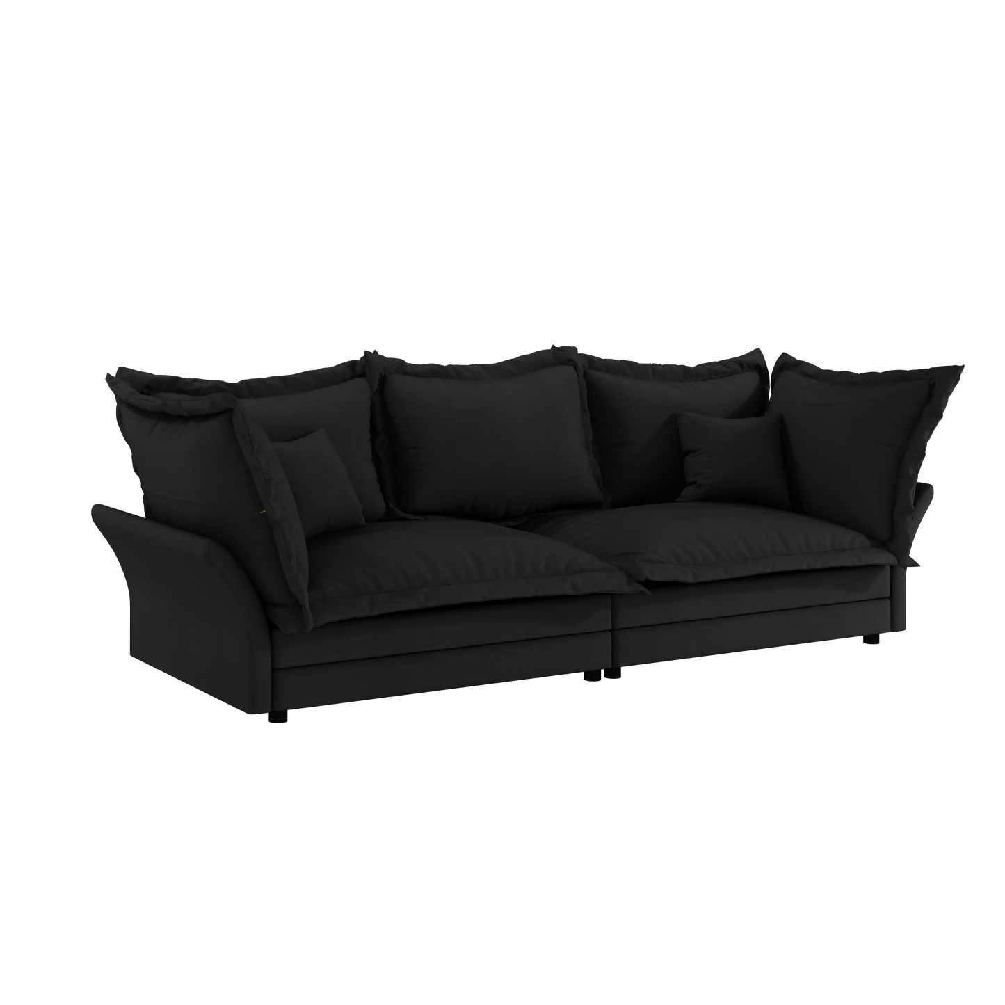 Plush black fabric sofa with deep seats and ample back cushions for ultimate comfort