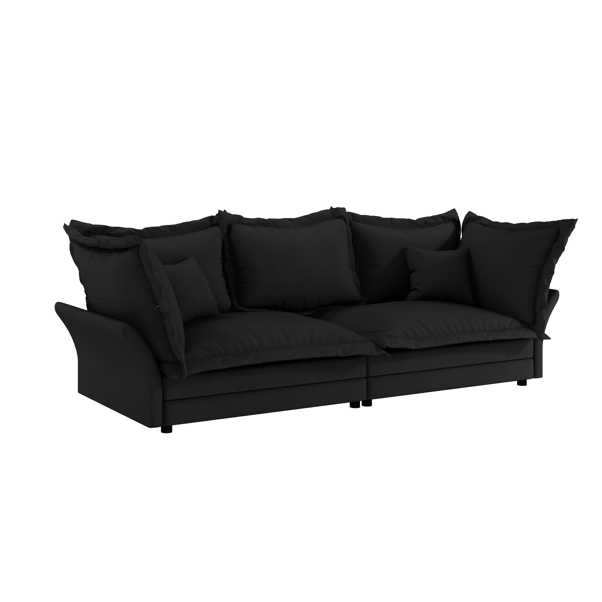 Plush black fabric sofa with deep seats and ample back cushions for ultimate comfort