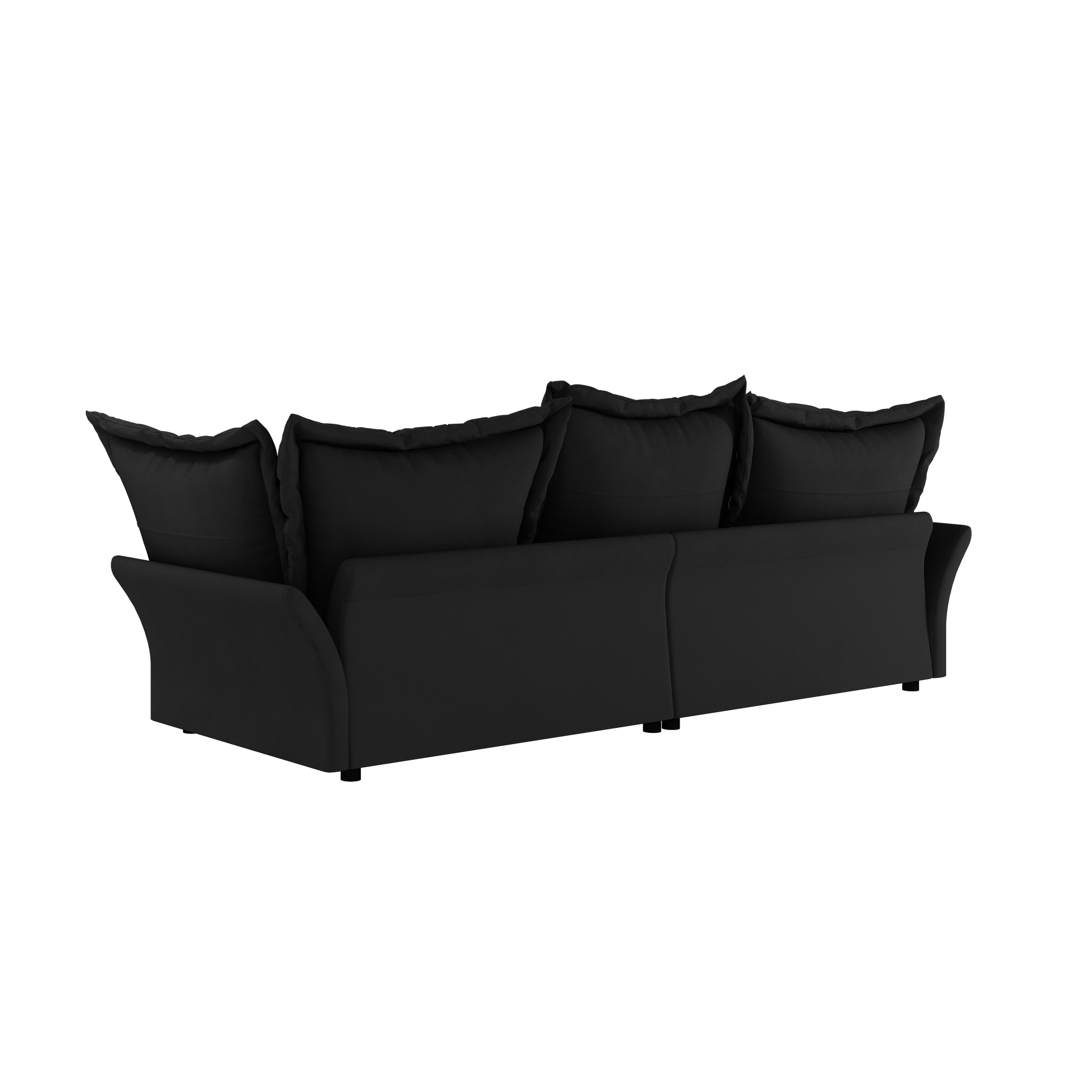 Black fabric sectional sofa with plush cushions and modern curved arms