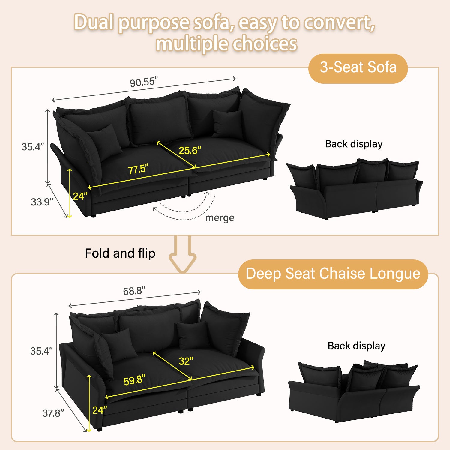 Black seat sofa with plush cushions versatile for living rooms