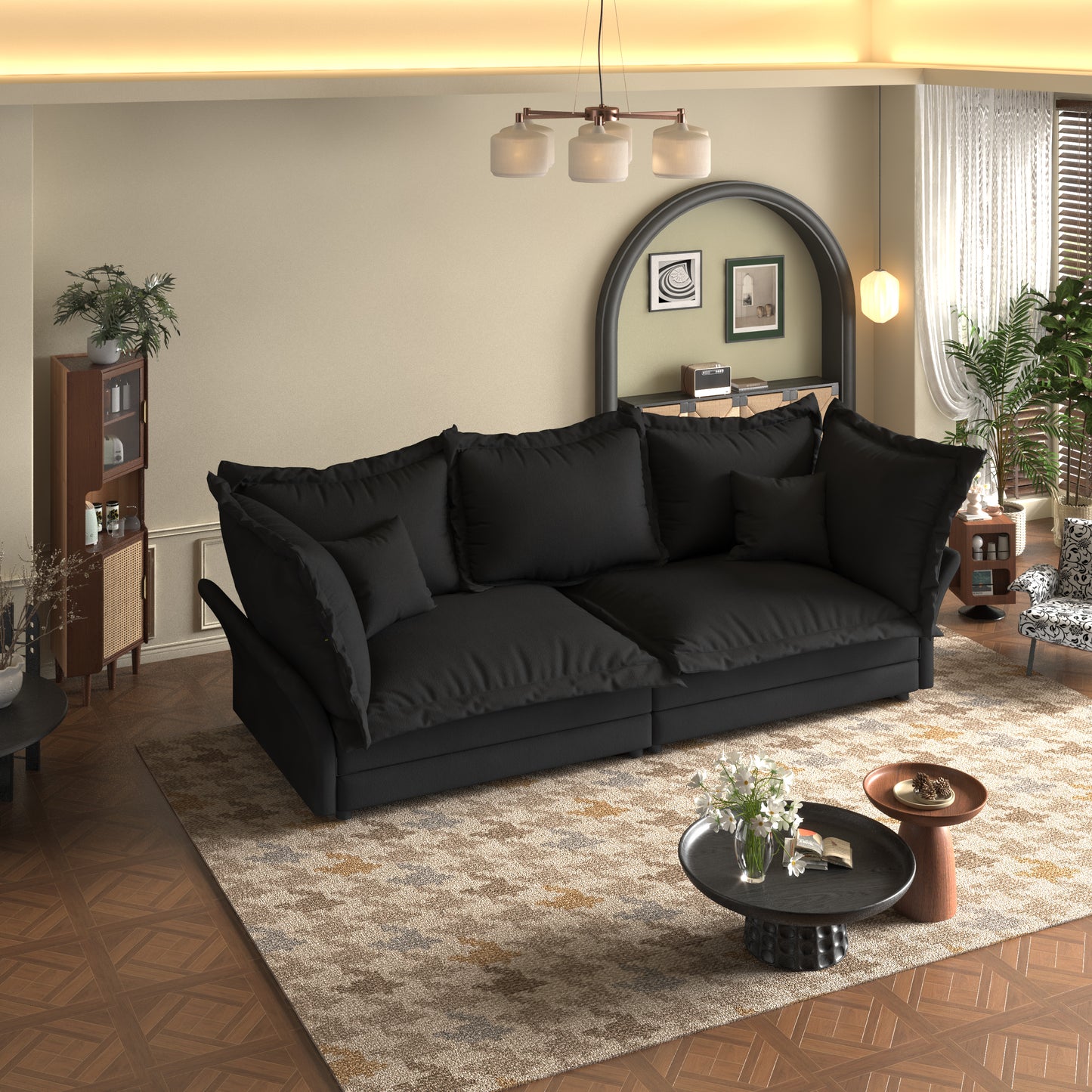 Plush black fabric sofa with deep cushions and modern design perfect for living room comfort