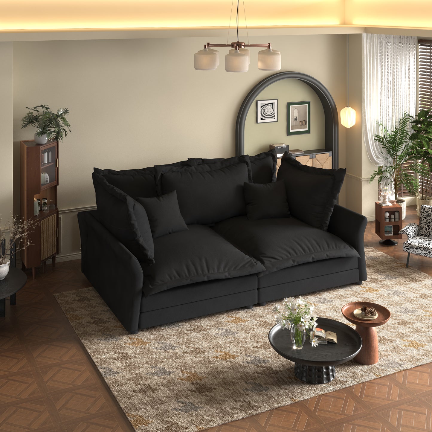 Deep black plush sectional sofa with ample seating for a modern living room