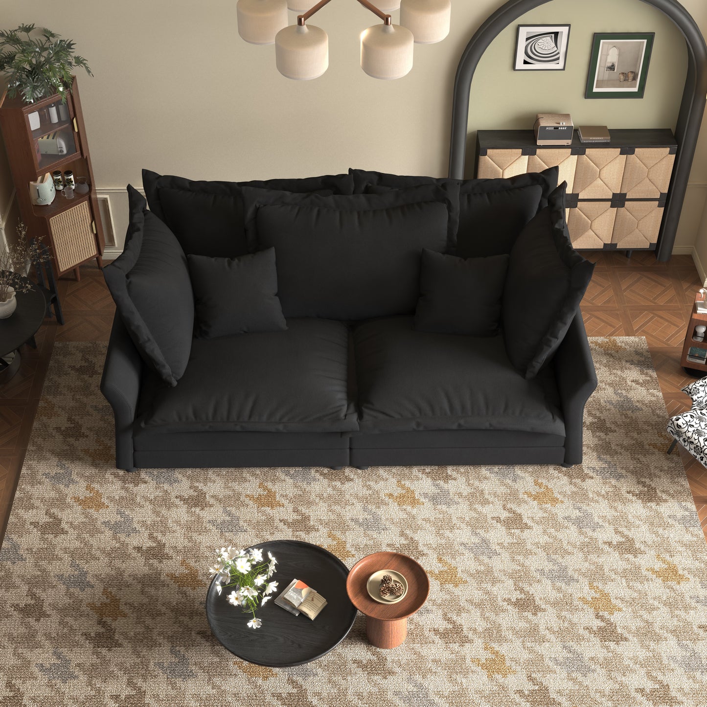 Plush black sofa with deep seats and ample cushioning perfect for living room comfort