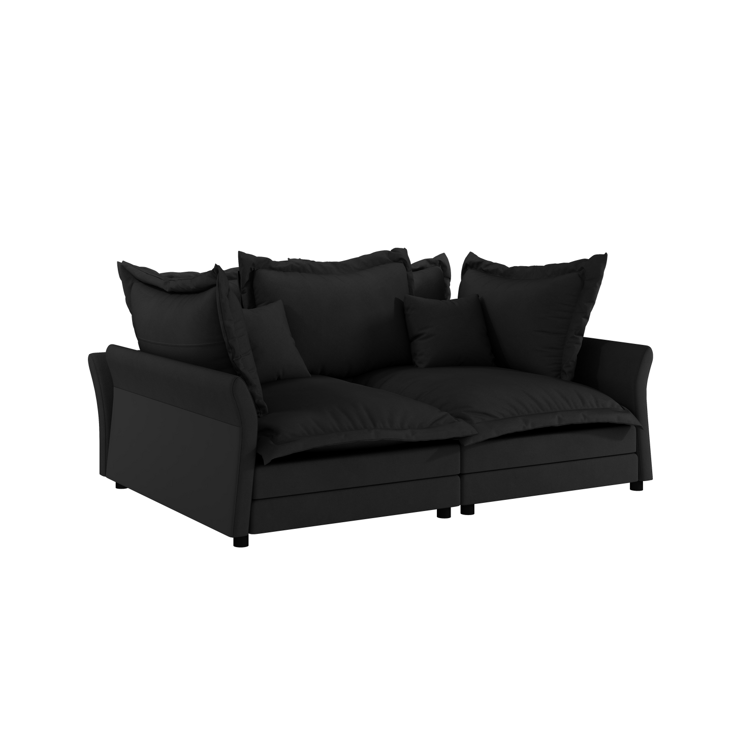 Plush black velvet sofa with deep seats and multiple oversized cushions for ultimate comfort