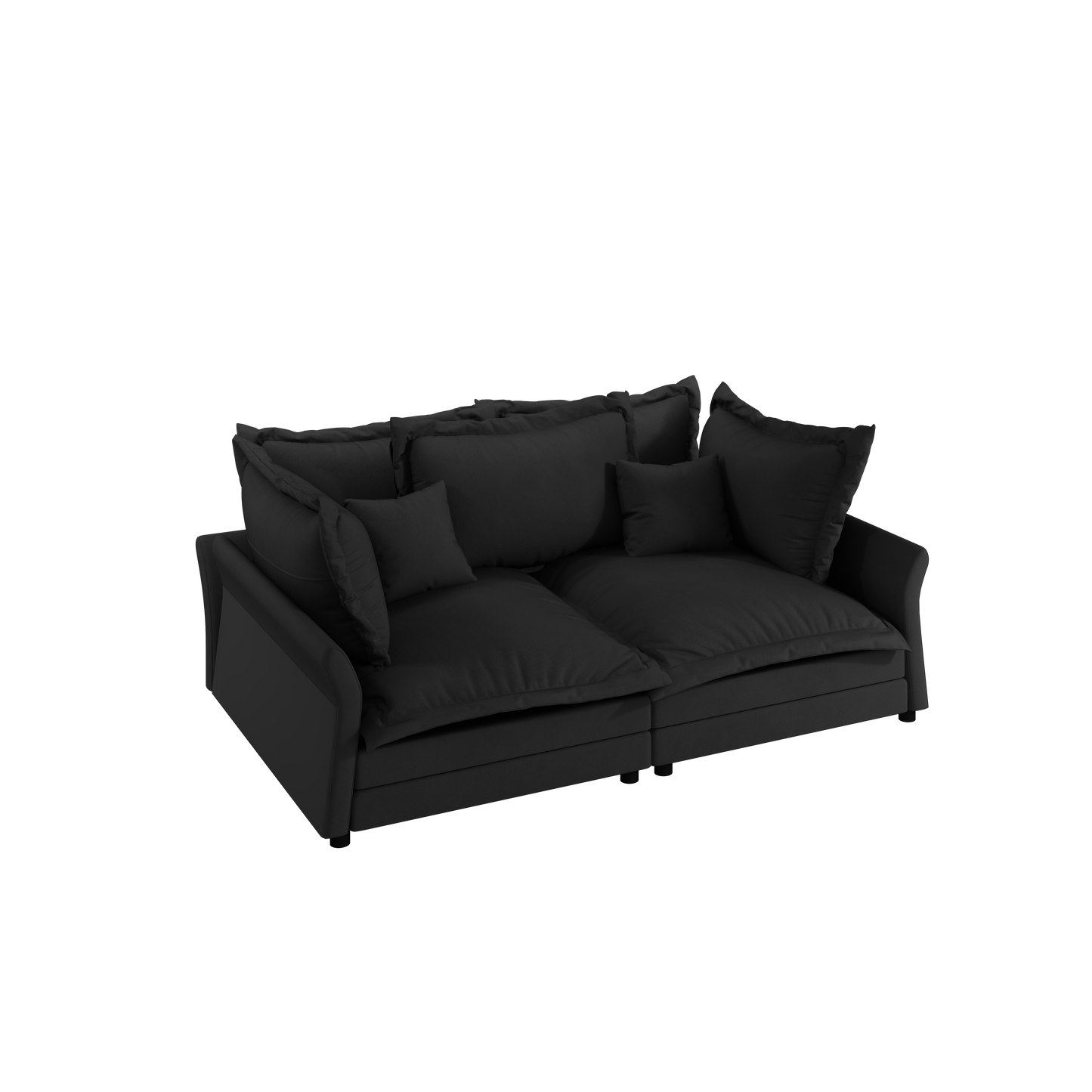 Plush black fabric sofa with deep seat cushions and lumbar pillows for ultimate comfort