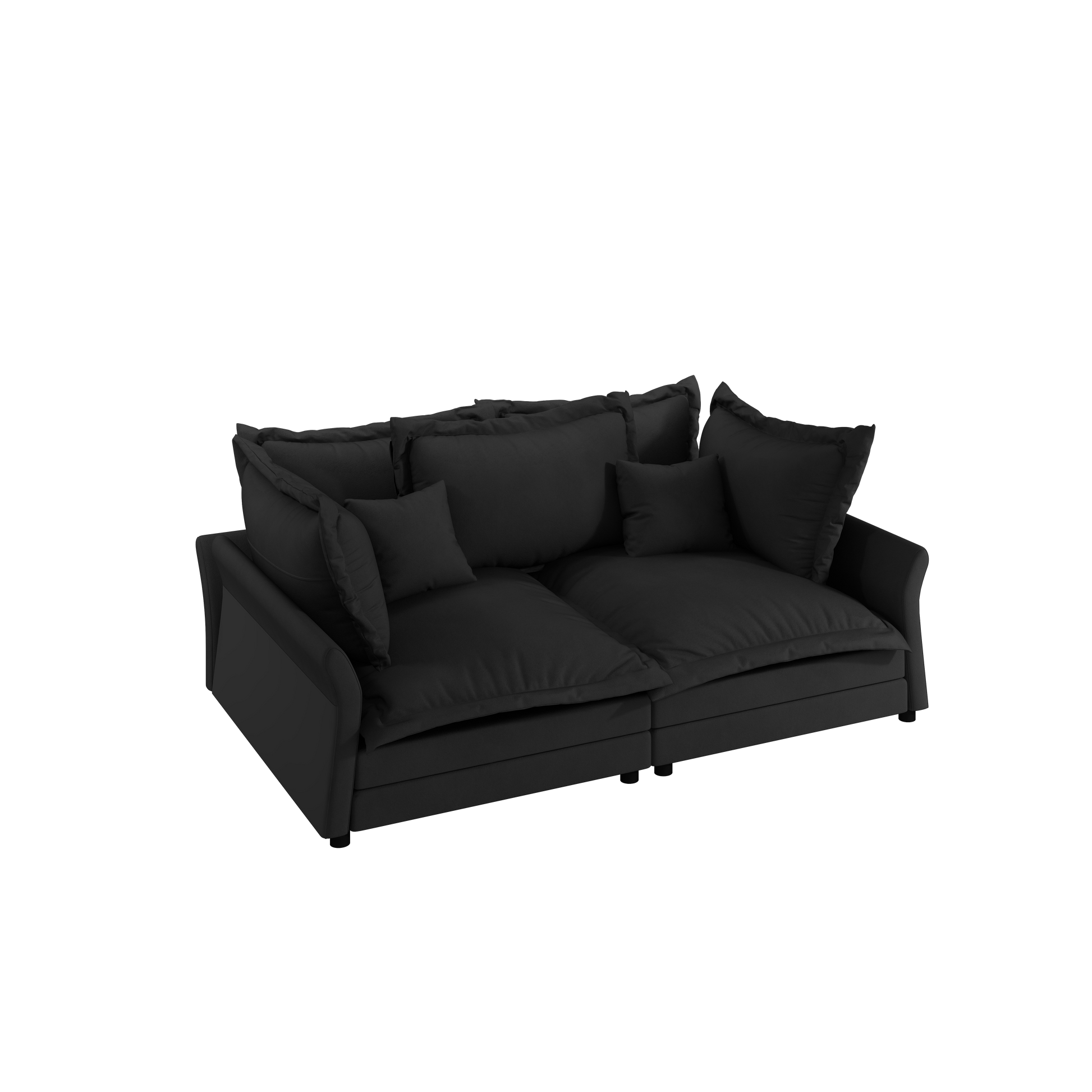 Plush black fabric sofa with deep seat cushions and lumbar pillows for ultimate comfort