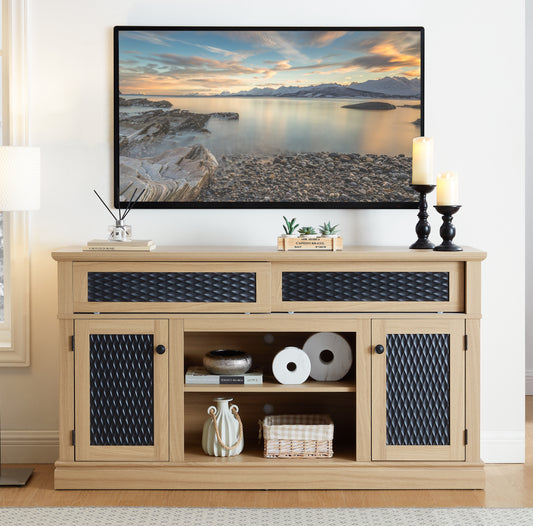 Wooden media console with diamondpatterned doors and metal accents