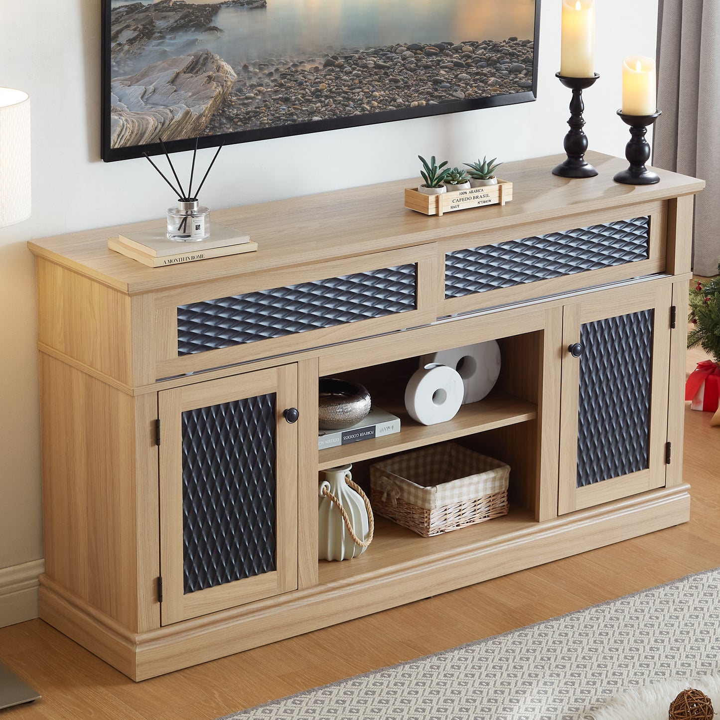 Light oak media console with black diamond pattern doors and shelving