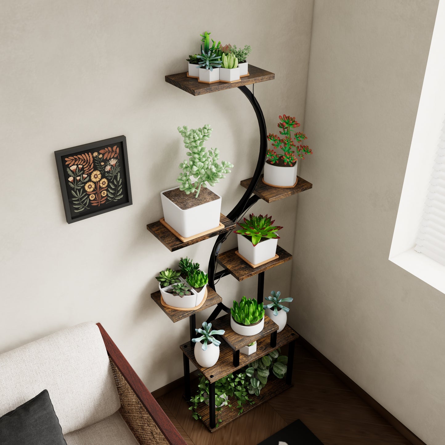 Rustic wood and black metal tiered plant stand showcasing various succulents and greenery