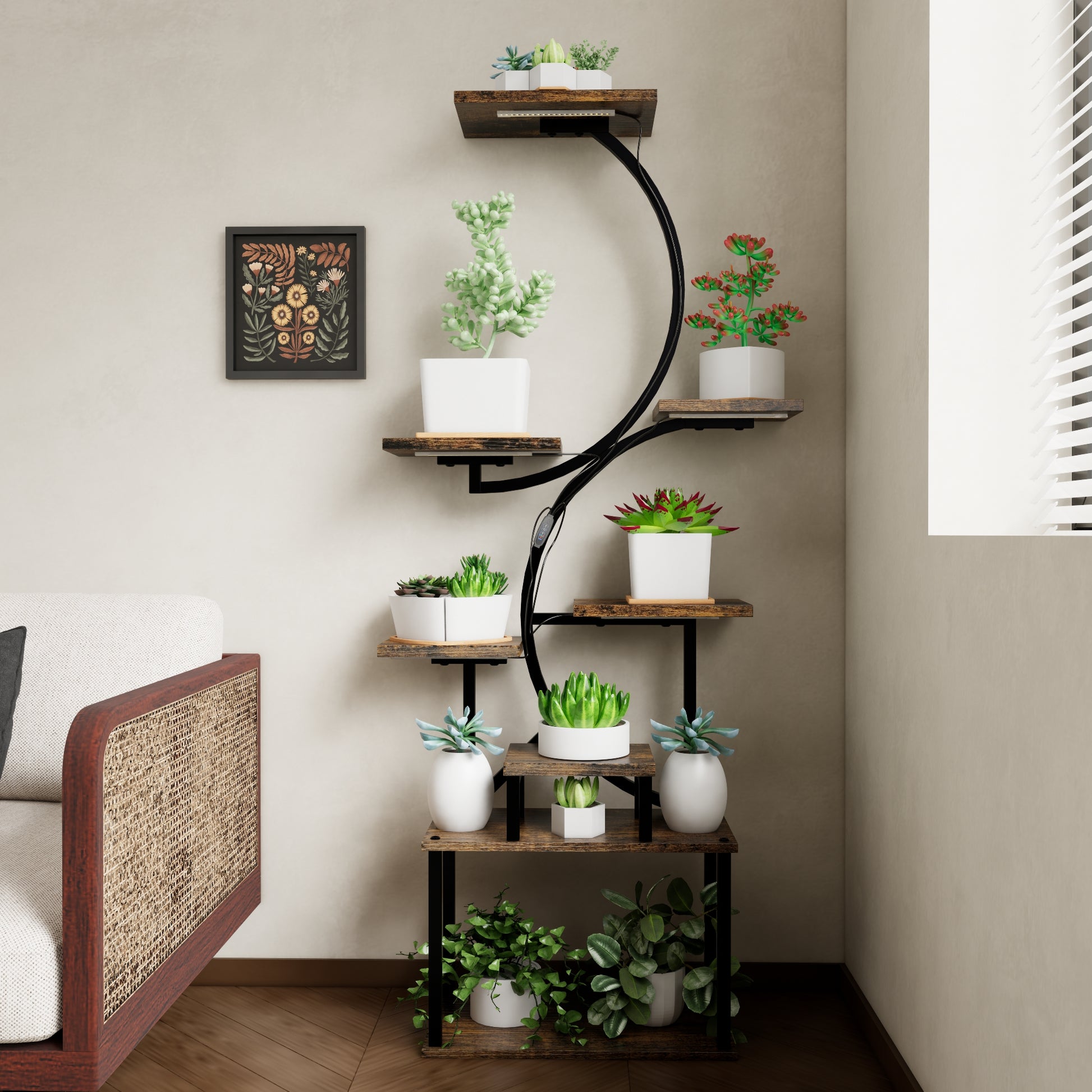 Tiered plant stand with rustic wood shelves and black metal frame displaying various potted succulents