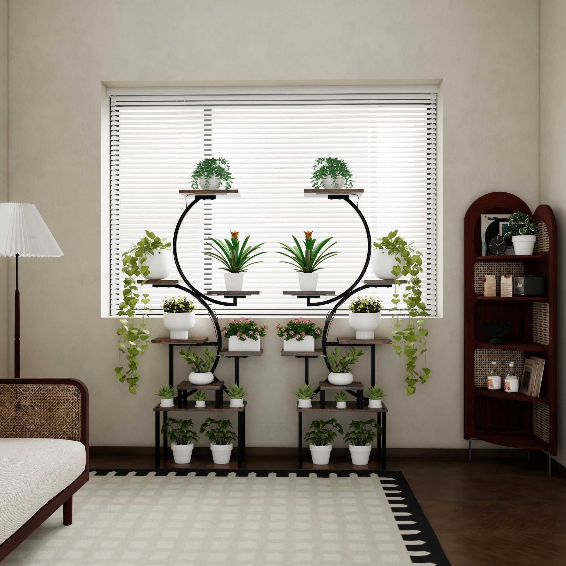 Modern metal tiered plant stand with wooden shelves holding potted plants
