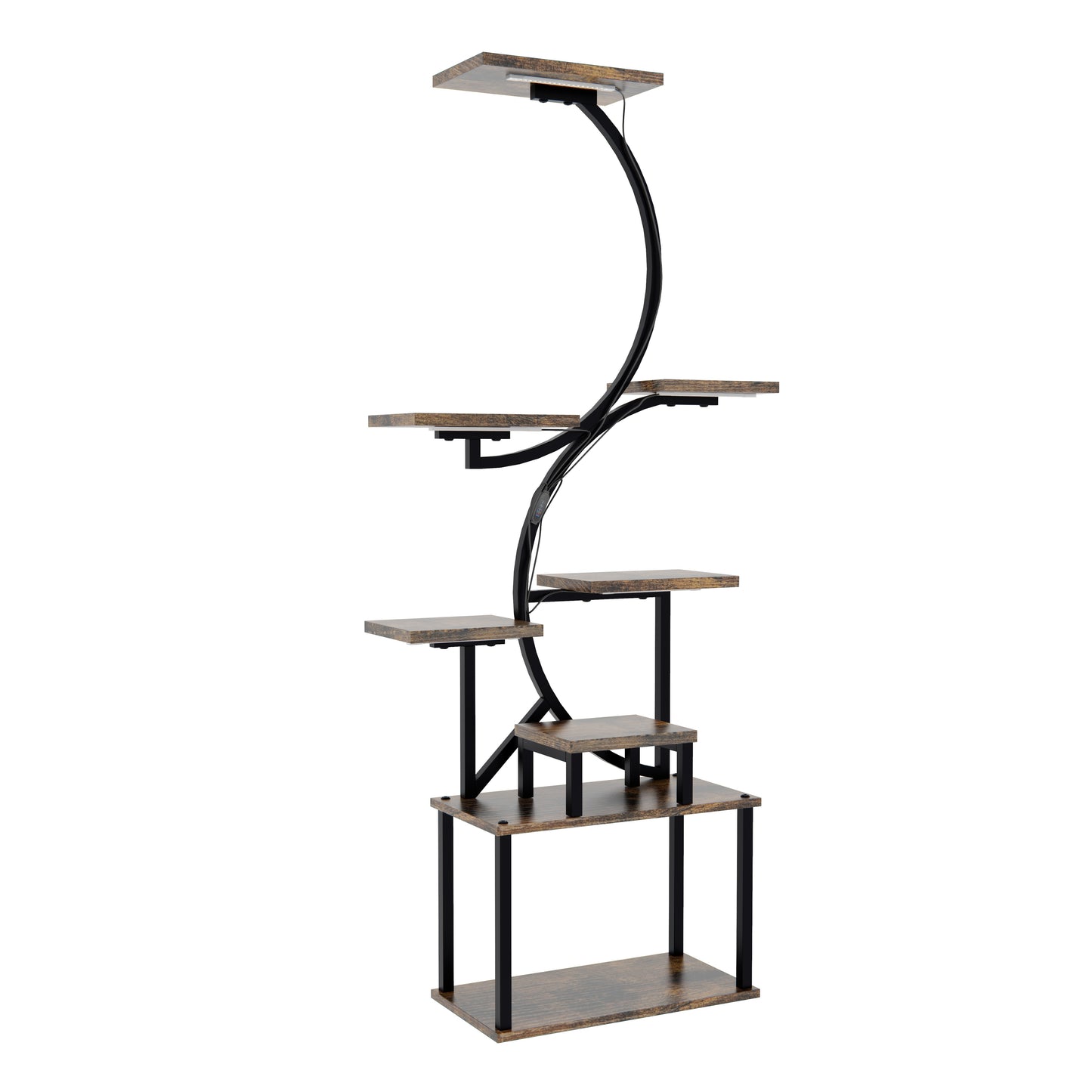 Modern multitiered plant stand with rustic wood shelves and integrated LED grow light
